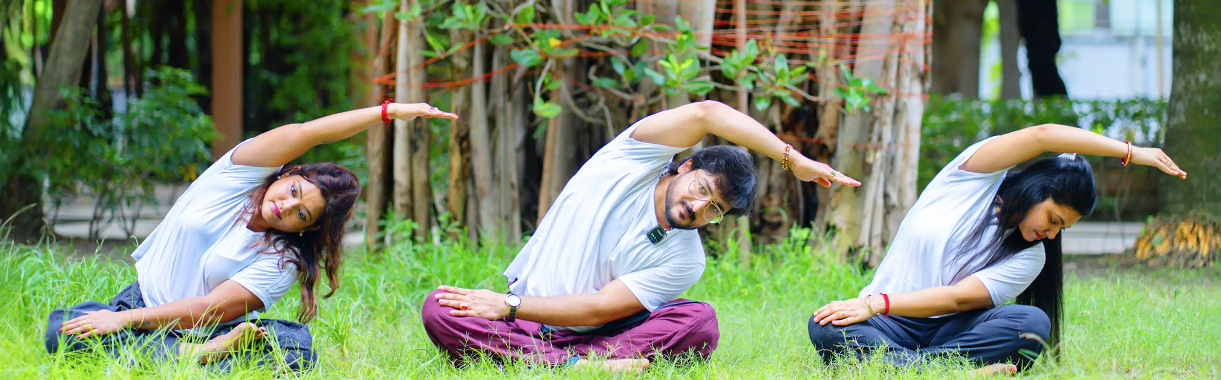 Global students practicing instructor yoga and deep spiritual awakening techniques at Nabatara, guided by Gaurav Tribedi.