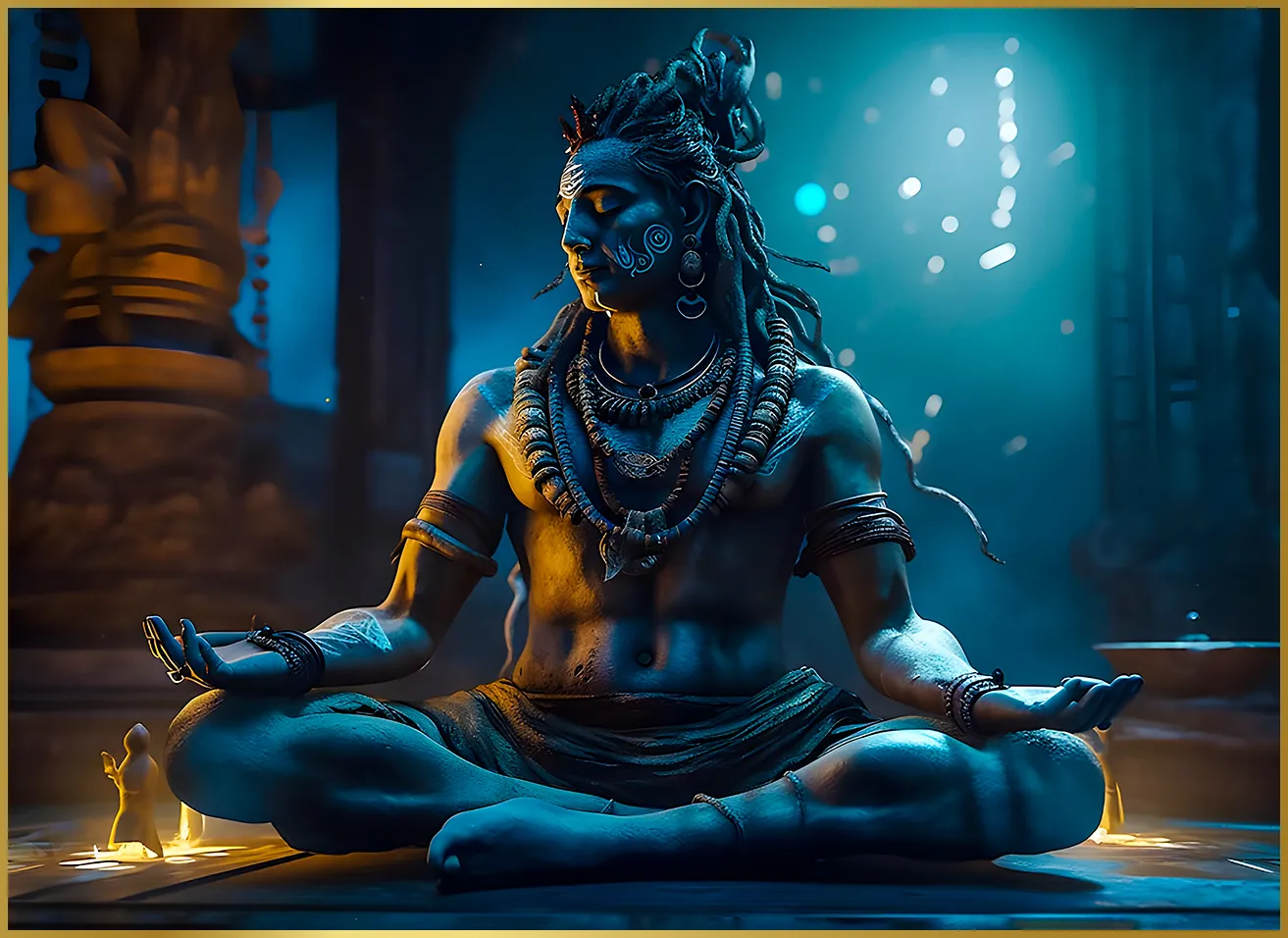Meditative figure of Lord Shiva surrounded by cosmic energy, yoga, and mantra symbols