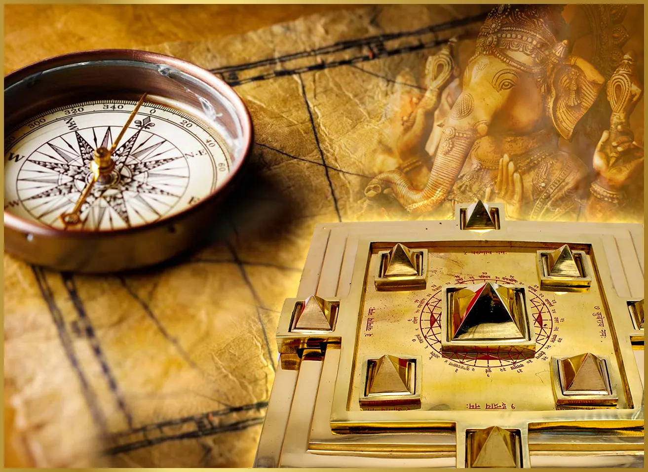 Vastu grid over modern home, with cardinal directions and elements highlighted for harmony