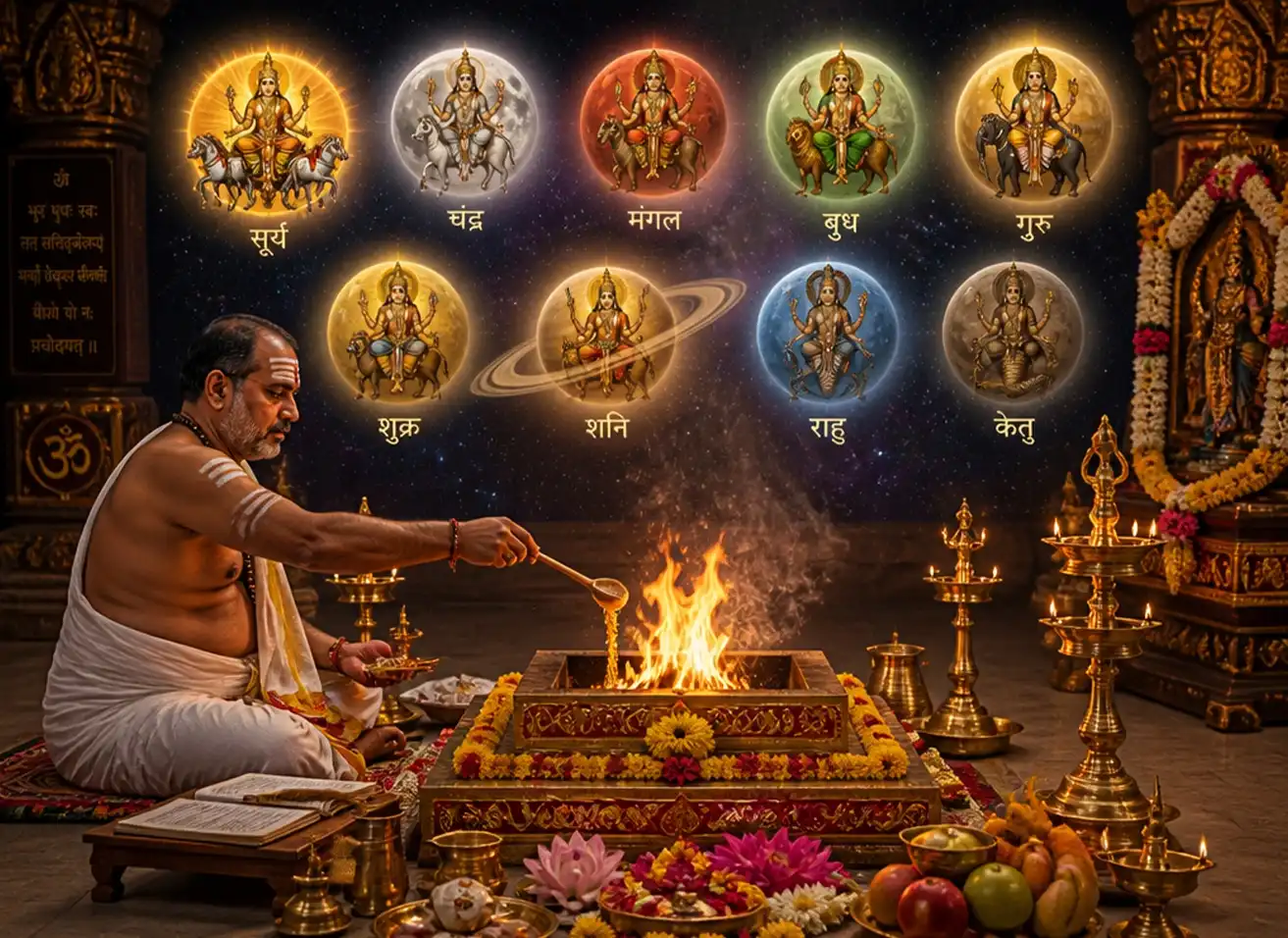 Priest performing Navagraha Shanti Puja with sacred fire at Nabatara Foundation